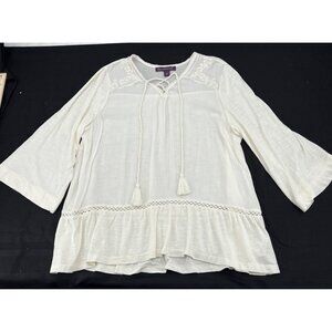 Gloria Vanderbilt Womens Peasant Blouse L Lace Trim Bell Sleeves Cotton Modal Bl